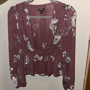 Purple deep V neck floral blouse with bell sleeves from Express